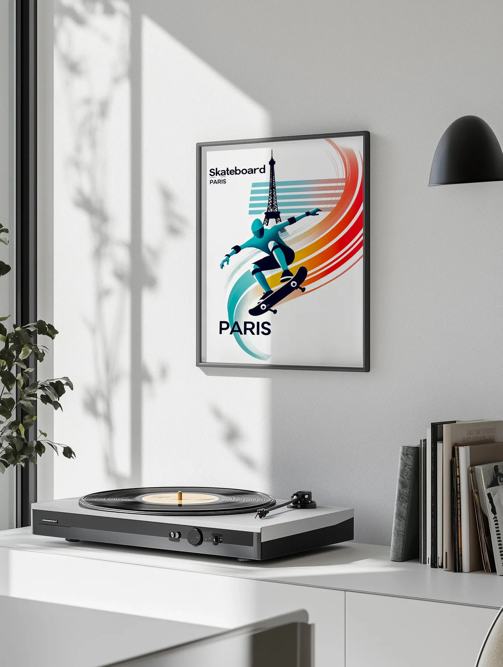 Graphic design featuring a skateboard in front of the Paris skyline