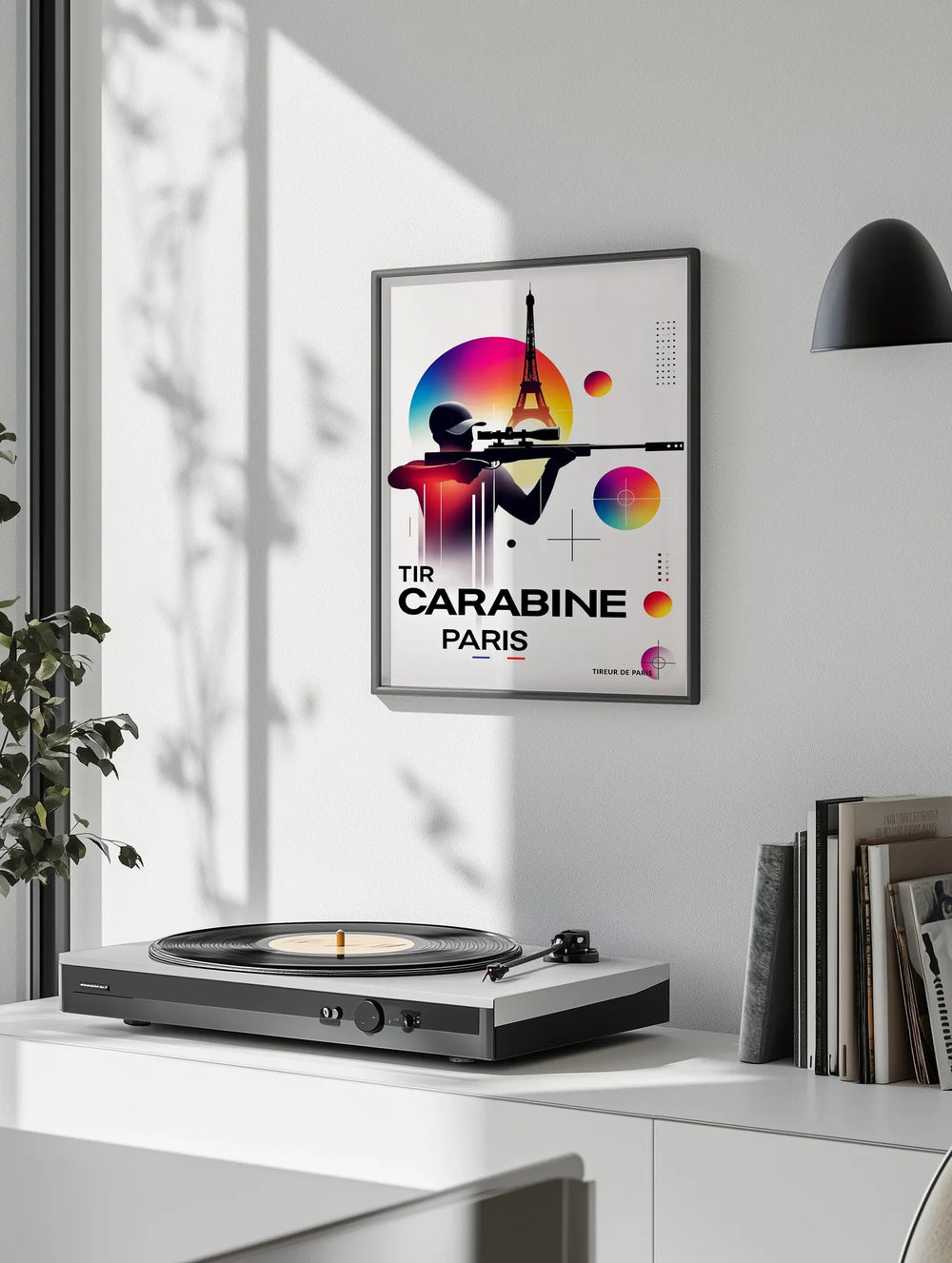 Poster featuring a tir carabine shooter illustration, minimalist Olympic design