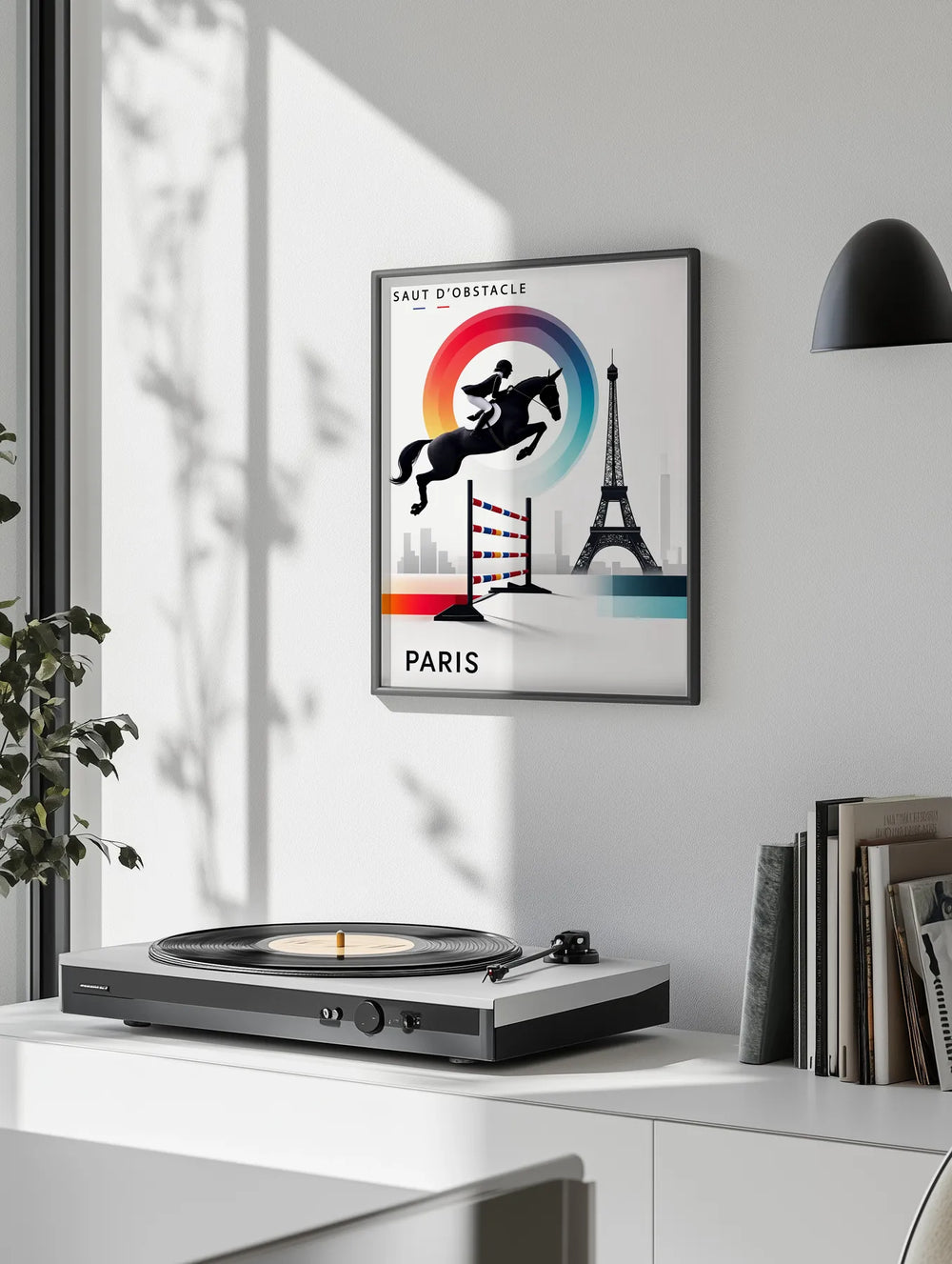 Paris poster featuring equestrian show jumping in a dynamic graphic style