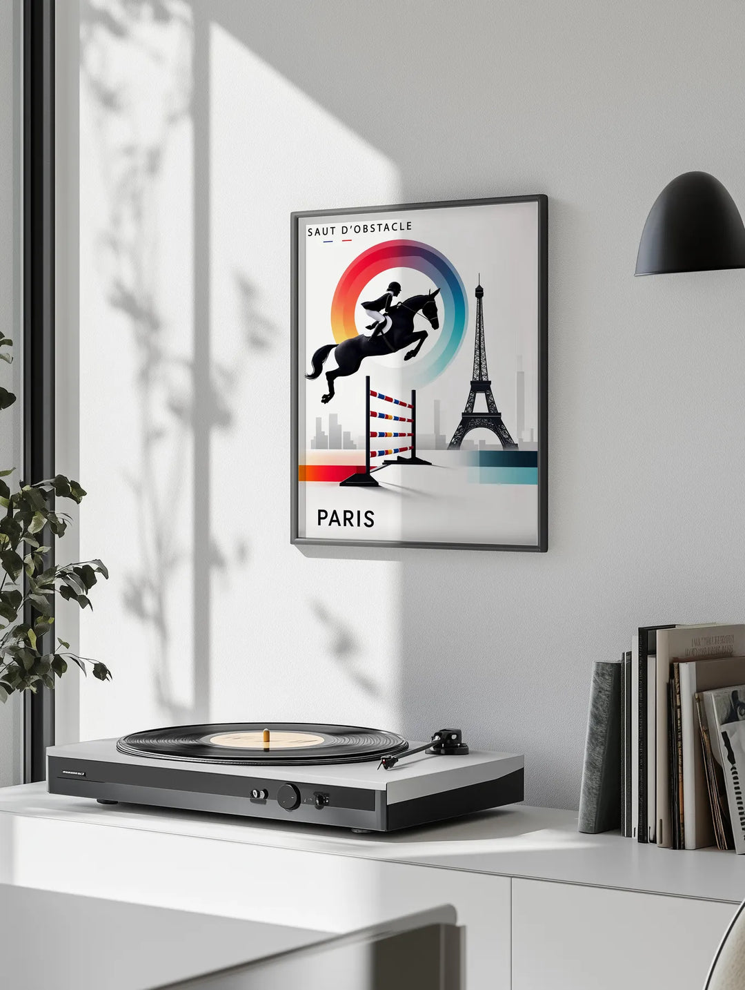 Paris poster featuring equestrian show jumping in a dynamic graphic style