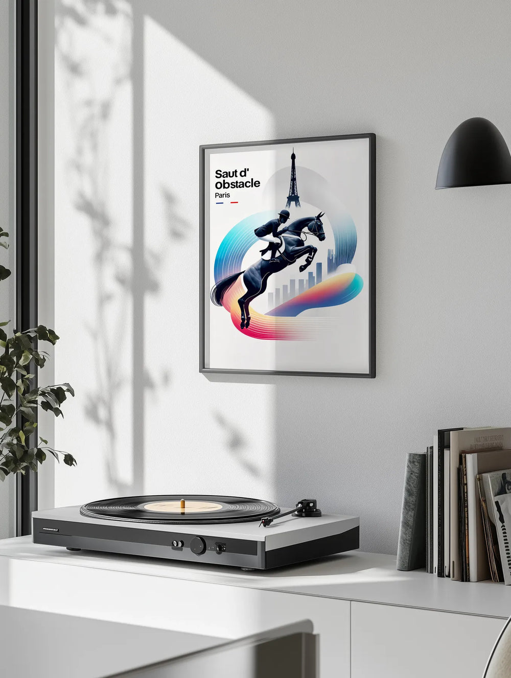 Illustrated show jumping poster featuring horse and rider in dynamic pose