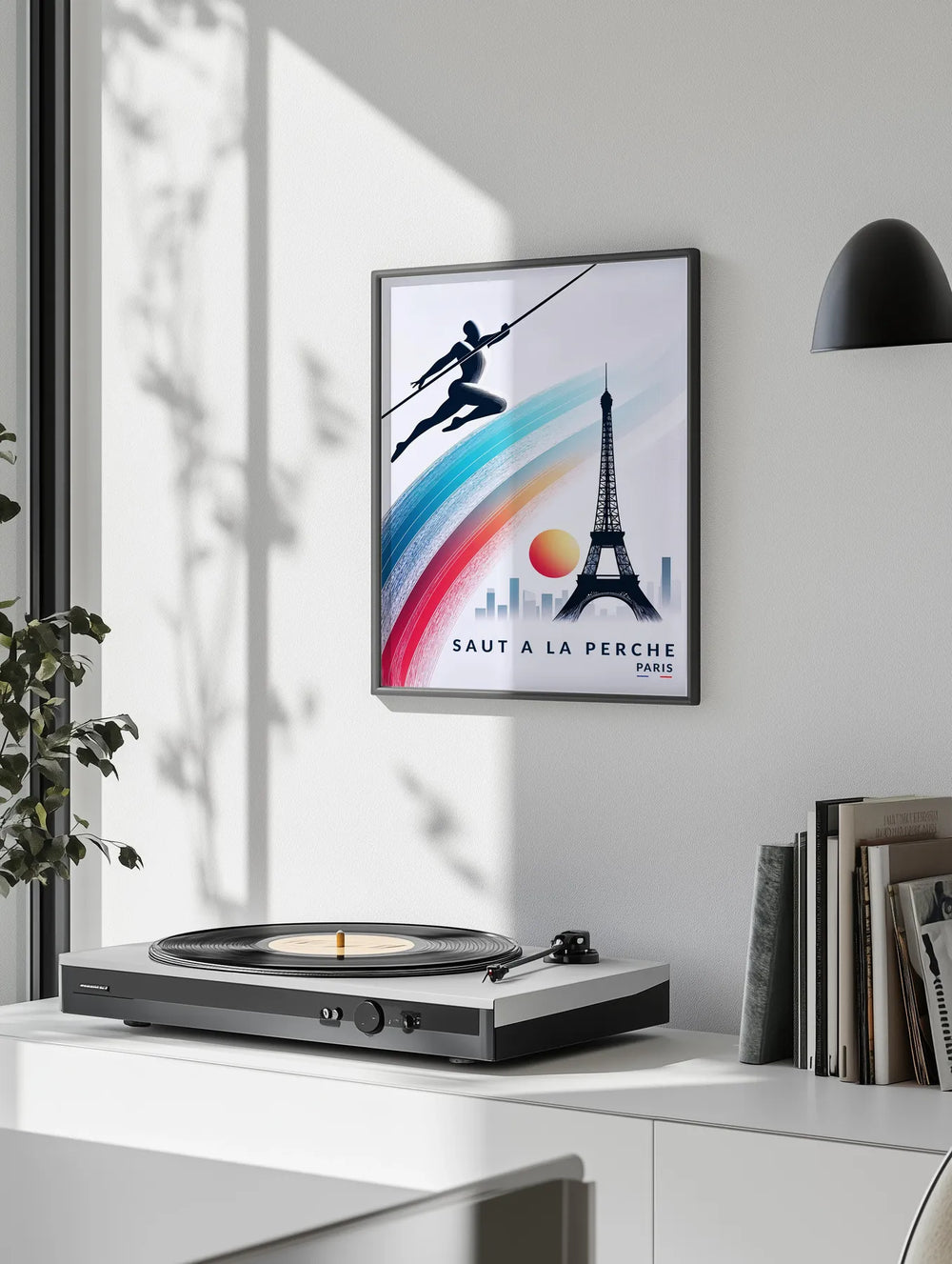 Minimalist graphic of a pole-vault athlete above the Paris skyline
