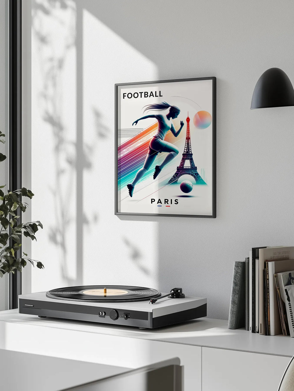 Poster showing Paris football motif with graphic silhouette, modern minimalist design