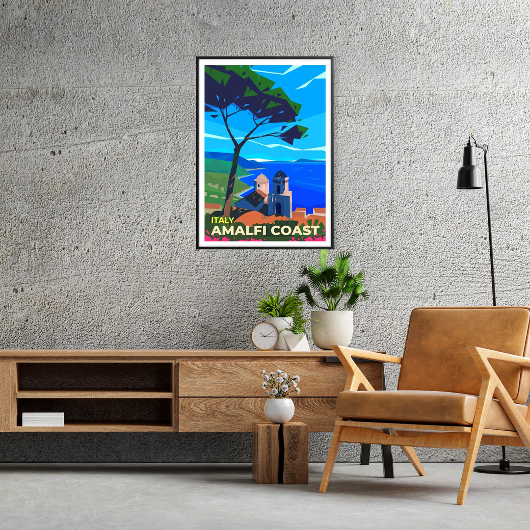 Stylized coastal landscape of Amalfi Coast, Italy in earthy tones - in a black frame