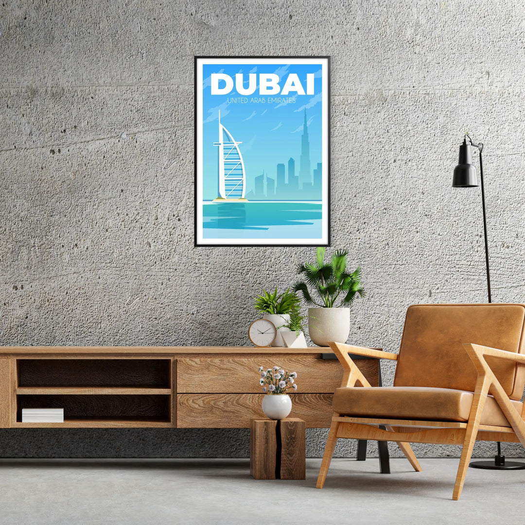 En panoramavy av Dubais skyline vid skymningen, med moderna skyskrapor och en gradient av blått och grått. - i en svart ram