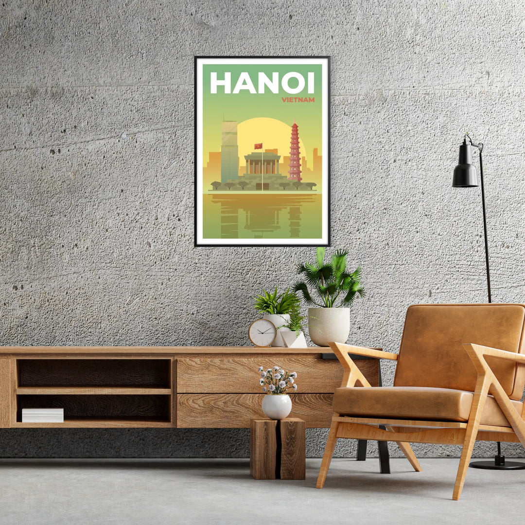 Travel poster featuring Hanoi's skyline in green and gray tones - in a black frame