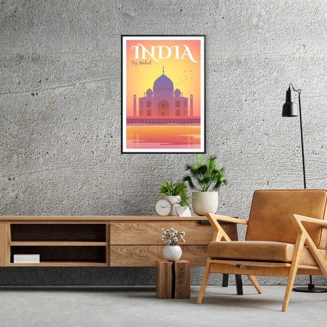 Colorful travel poster featuring iconic Indian landmarks and cultural motifs - in a black frame
