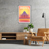 Colorful travel poster featuring iconic Indian landmarks and cultural motifs - in a black frame