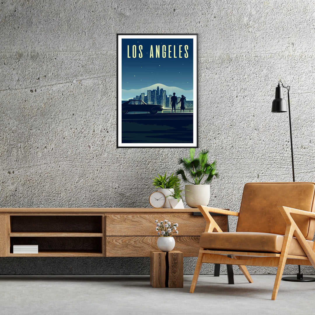 A colorful illustration of the Los Angeles skyline with palm trees - in a black frame