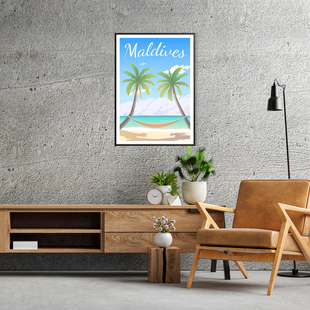 Tropical landscape of the Maldives with serene greens and tranquil blues - in a black frame