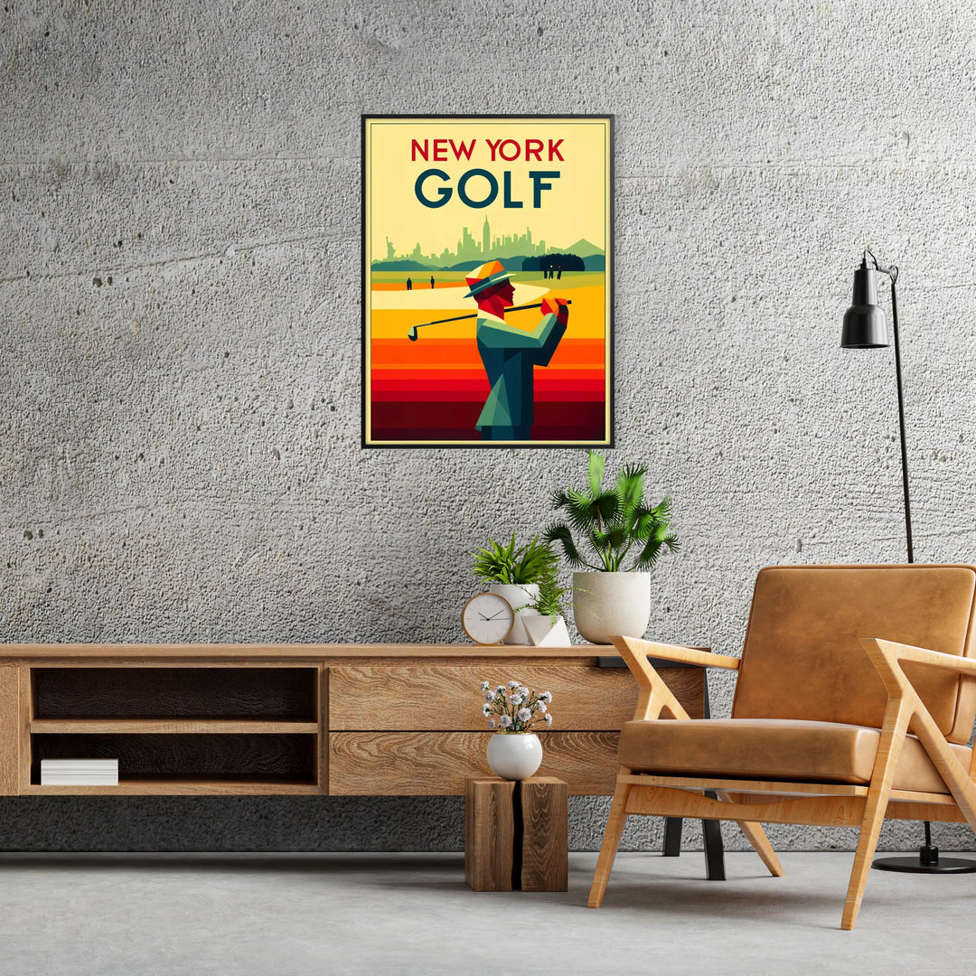 A golf scene featuring iconic New York courses with green fairways and blue skies - in a black frame