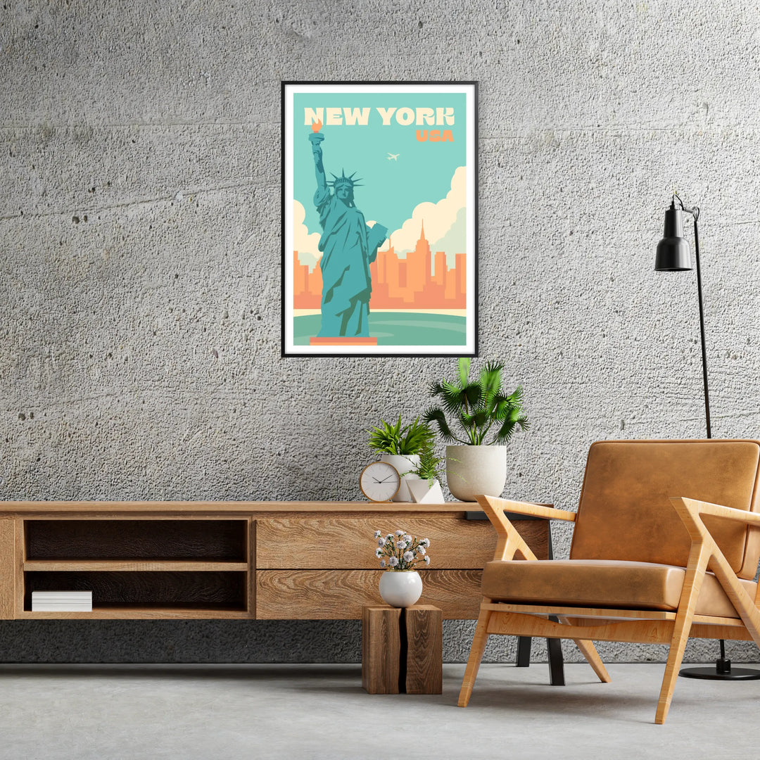 Stylized illustration of New York skyline in gray and green tones - in a black frame