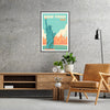 Stylized illustration of New York skyline in gray and green tones - in a black frame