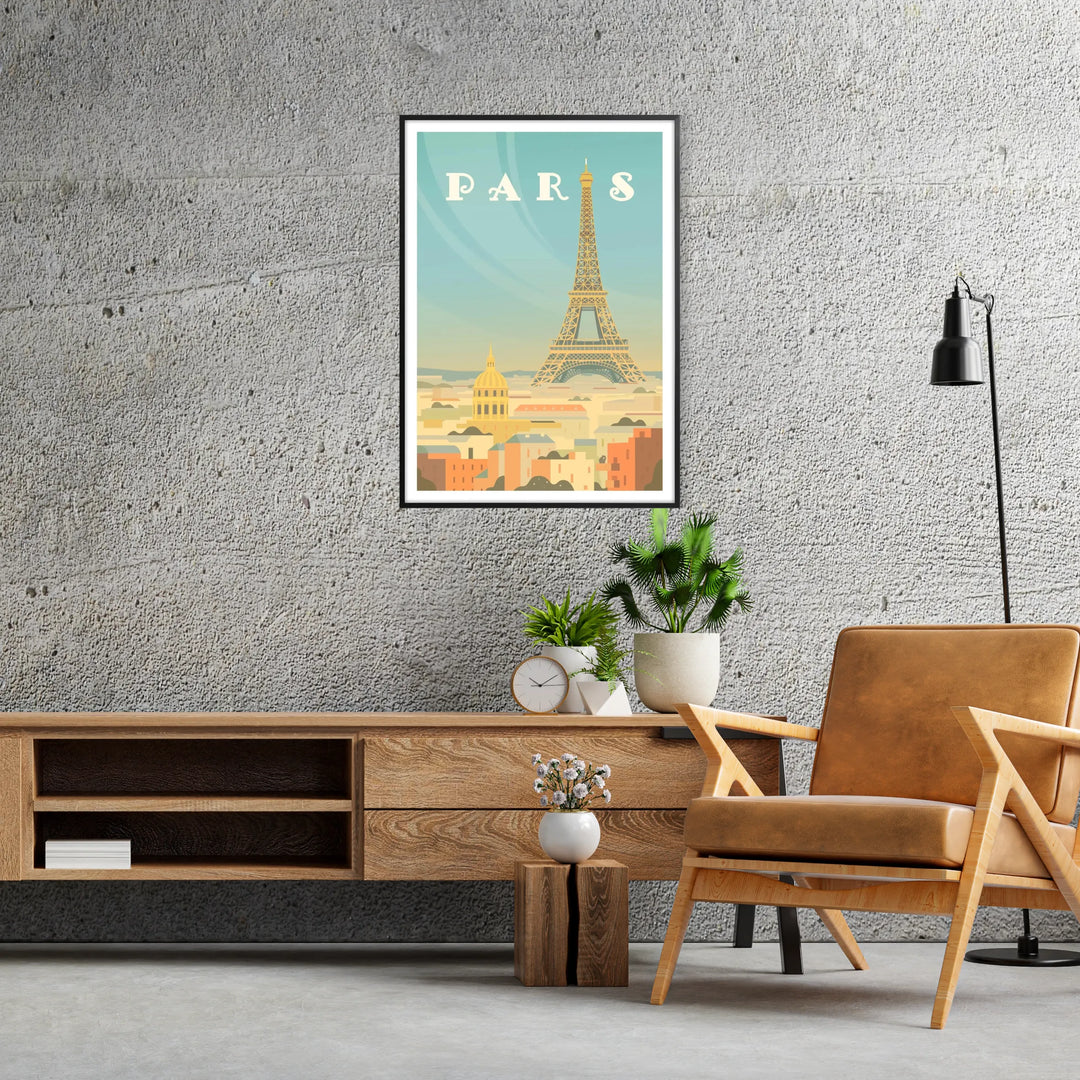 A vintage-style travel poster featuring the Eiffel Tower in muted brown and gray tones - in a black frame