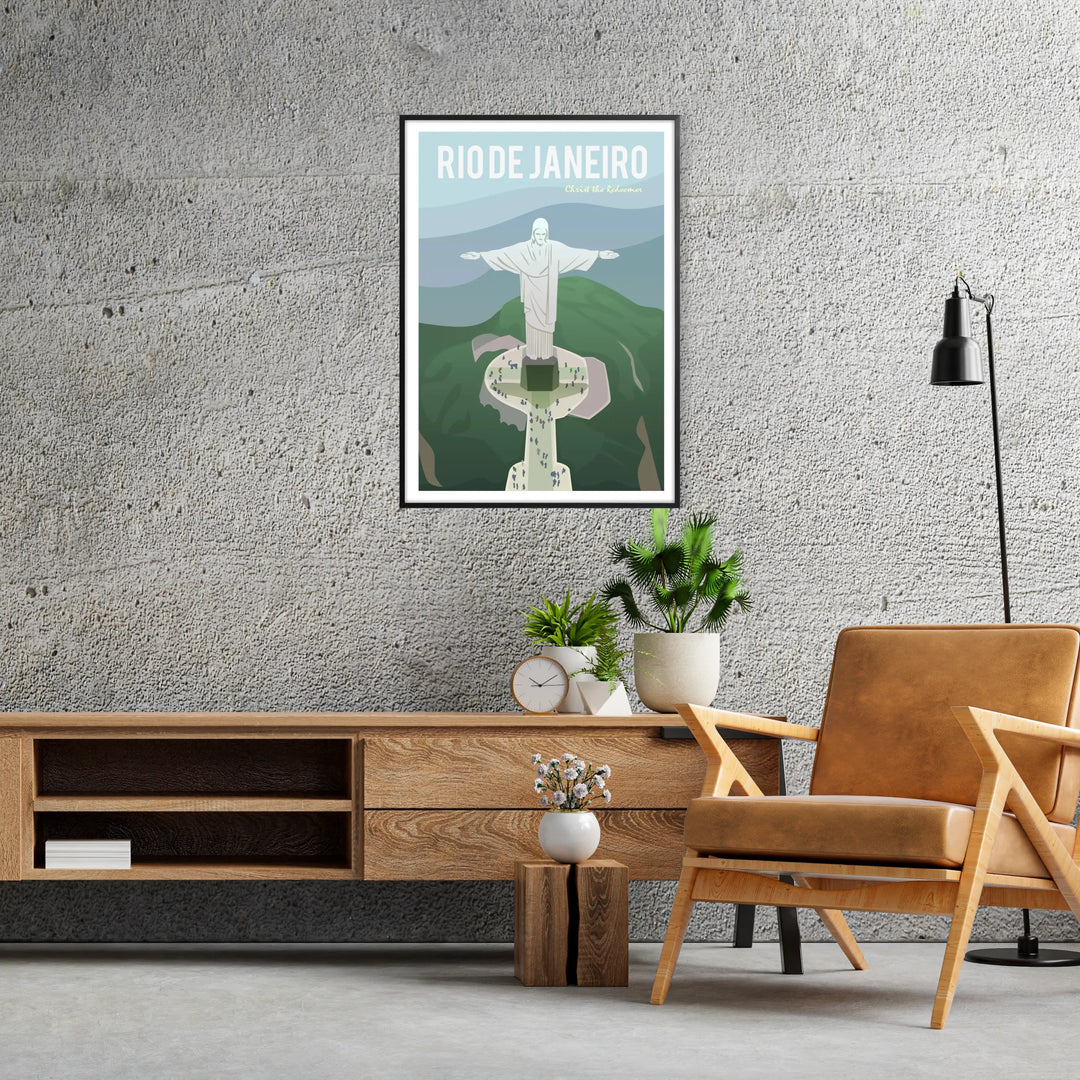 Illustration of Rio de Janeiro with gray and blue tones, featuring iconic landmarks - in a black frame