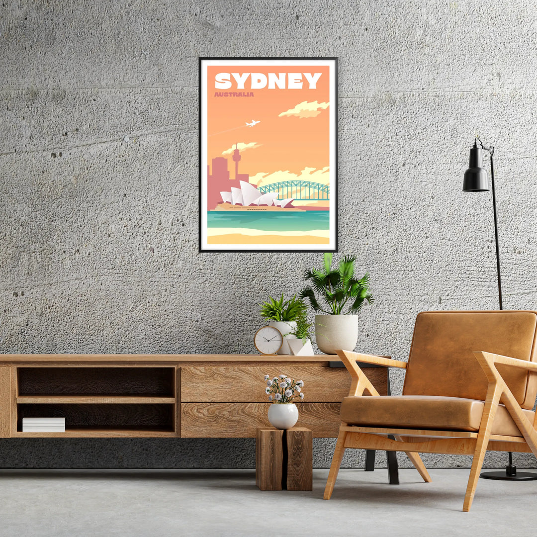 Illustration of Sydney's skyline in muted browns and grays - in a black frame