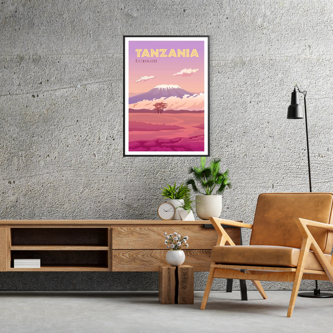 Illustration of Tanzania with rich brown and purple tones - in a black frame