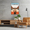 Retro illustration of tennis players in Tokyo with bright colors - in a black frame