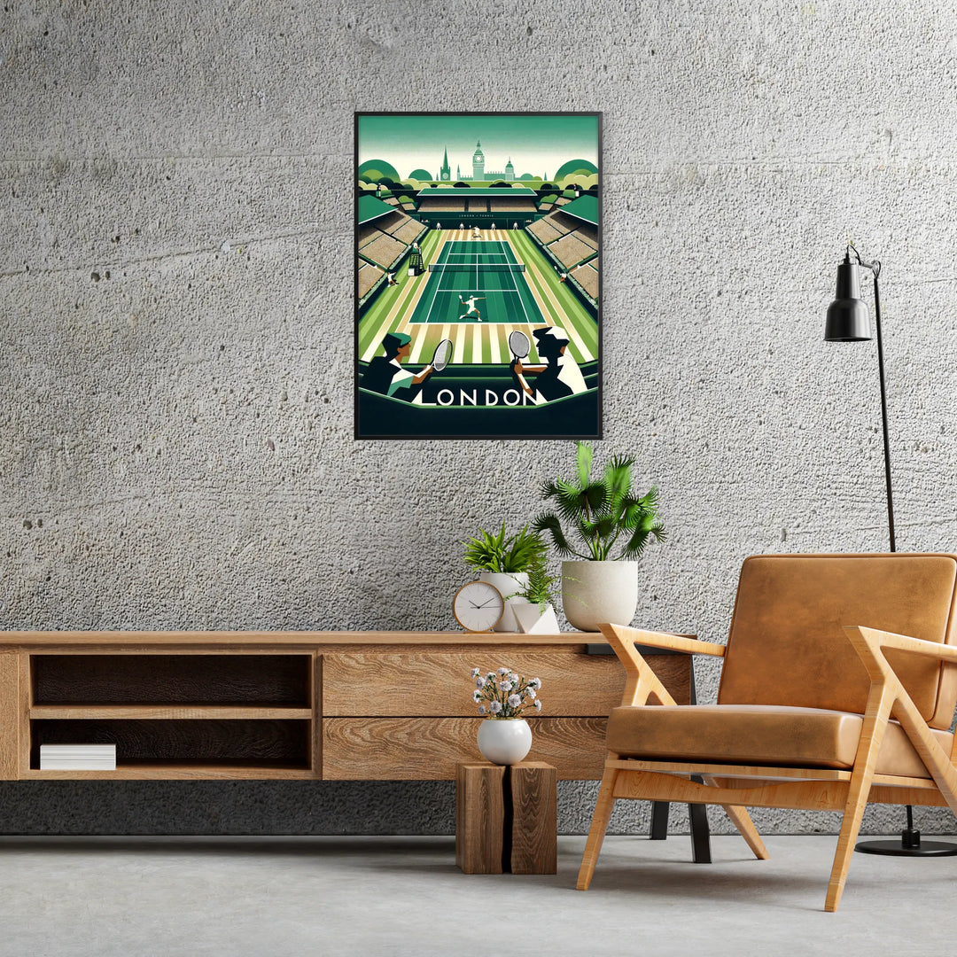 Vintage illustration of Wimbledon tennis with green grass and players in white - in a black frame