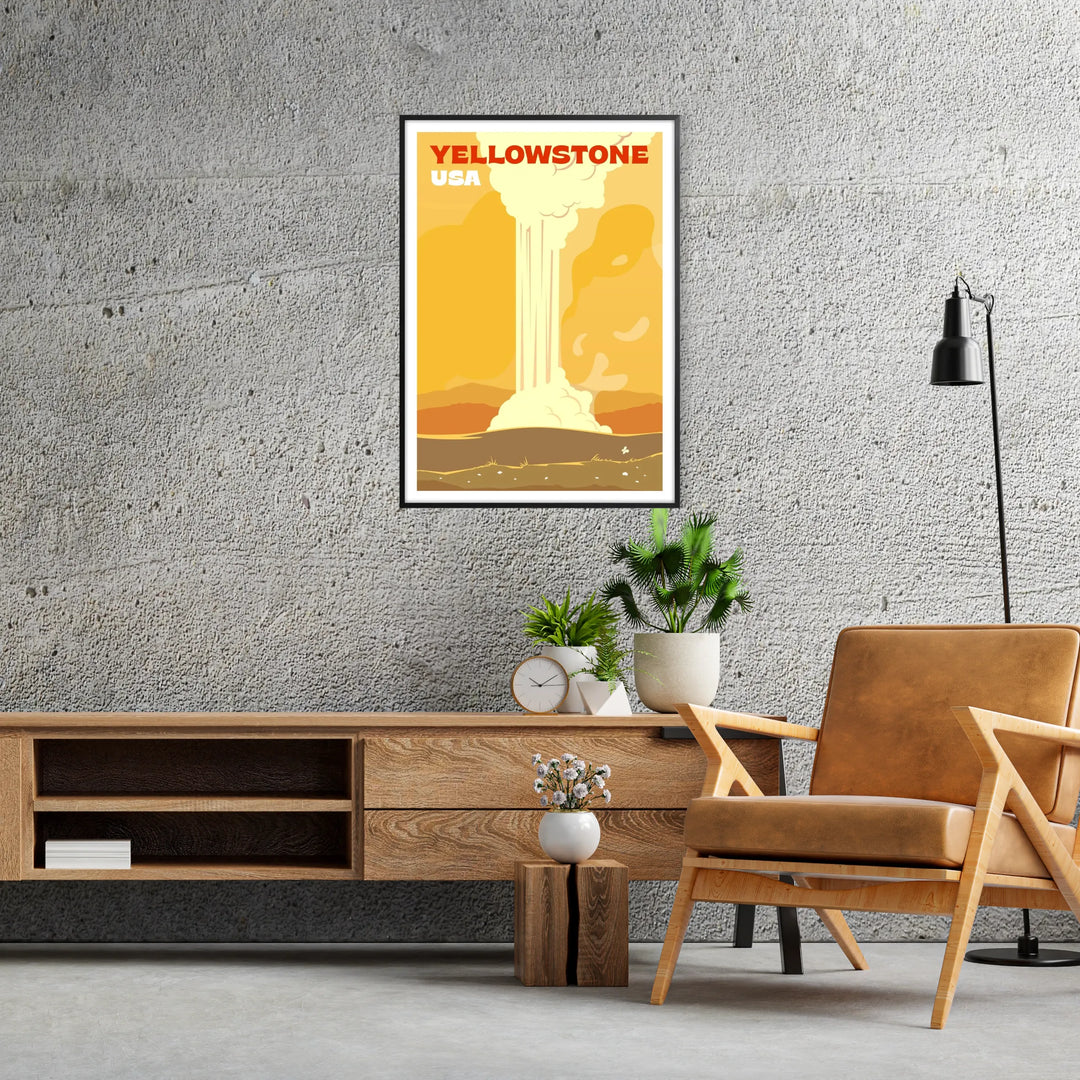 A retro-style poster featuring Yellowstone National Park with warm red and orange hues - in a black frame