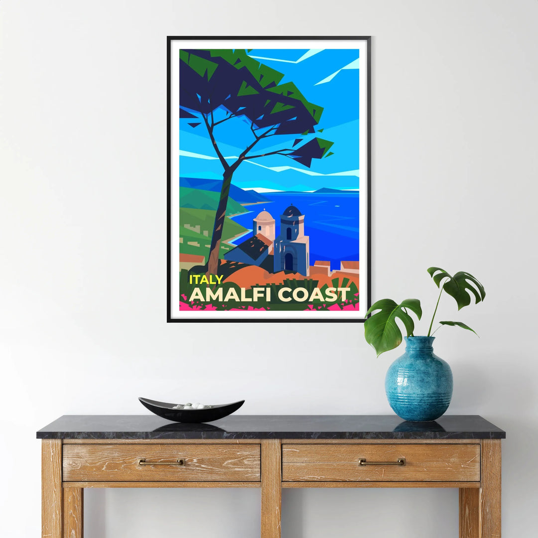 Stylized coastal landscape of Amalfi Coast, Italy in earthy tones - in a black frame