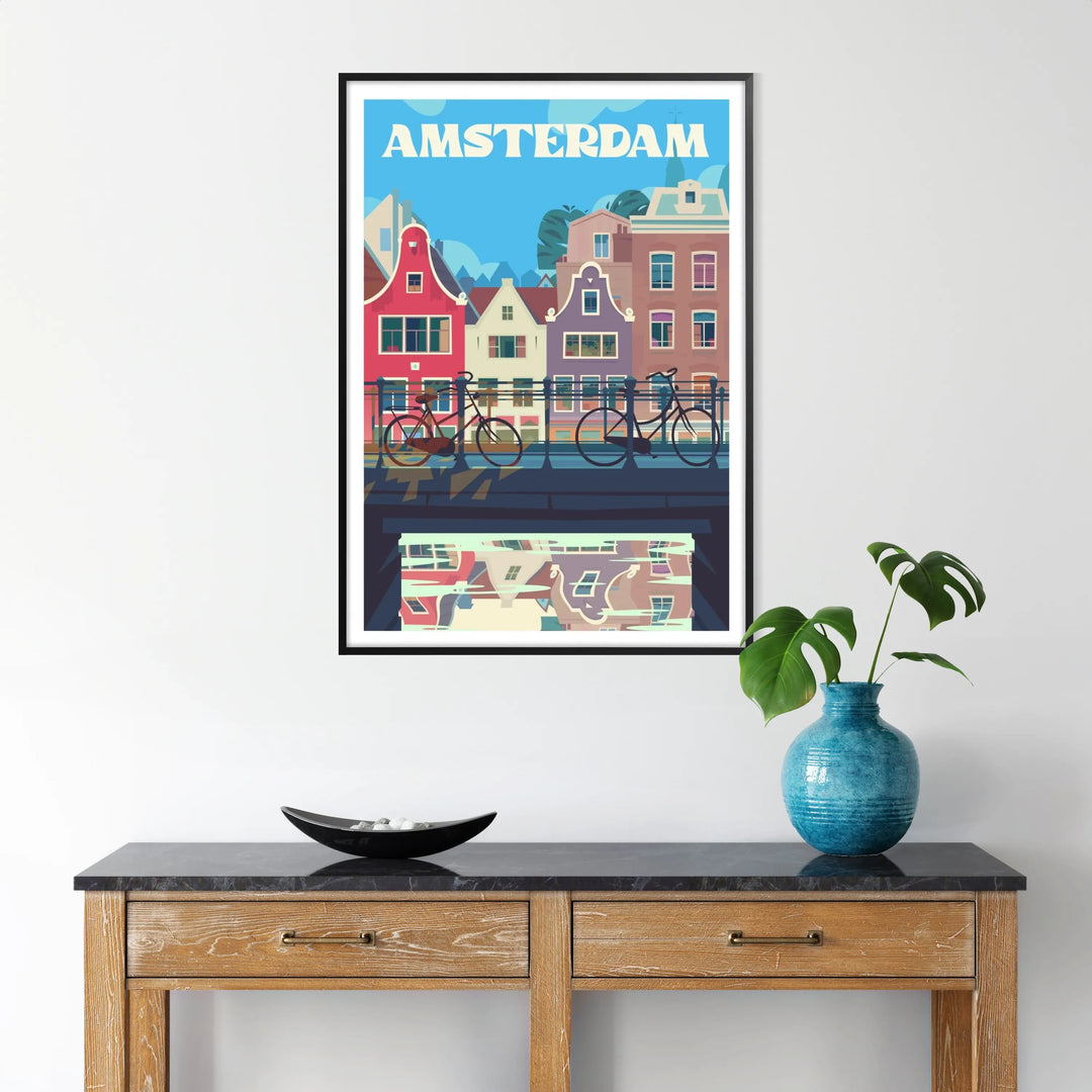 Stylized Amsterdam cityscape poster in gray and blue, modern minimalist print - in a black frame
