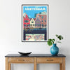 Stylized Amsterdam cityscape poster in gray and blue, modern minimalist print - in a black frame