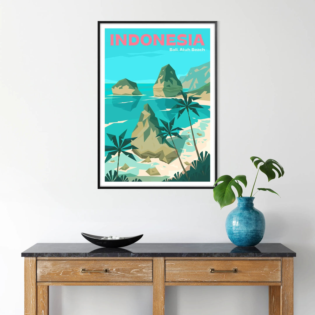 Plakat plaża Bali z minimalistycznymi niebieskimi falami i ciepłym brązowym piaskiem - w czarnej ramie