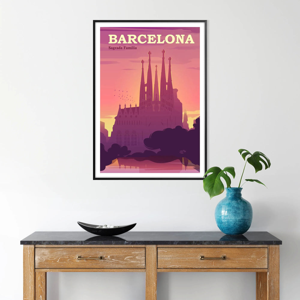 Abstract watercolor depiction of Barcelona's cityscape in red and purple hues