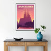 Abstract watercolor depiction of Barcelona's cityscape in red and purple hues - in a black frame