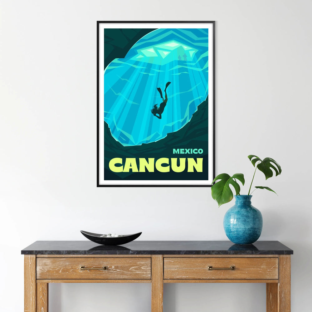 Illustration of Cancun's beaches with lush greens and deep blues