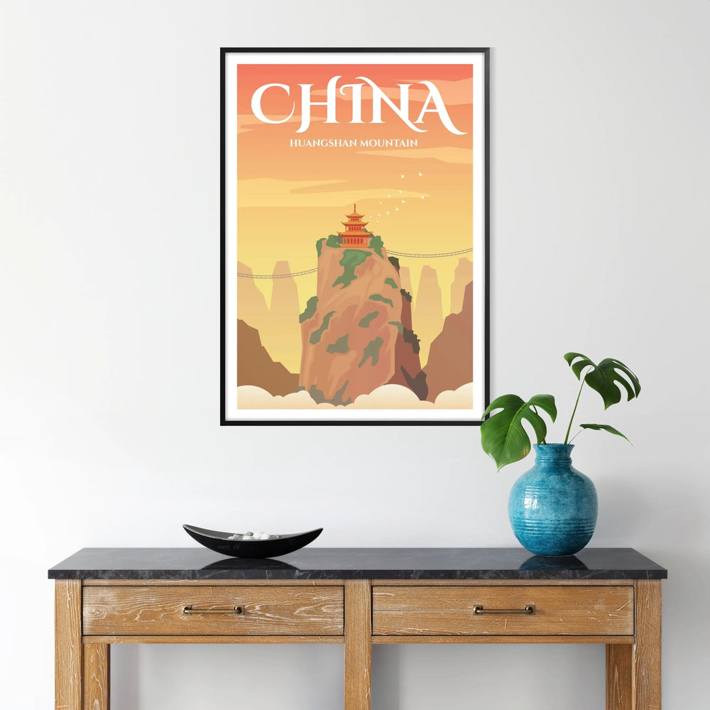 A minimalist poster featuring a gray and white depiction of China’s landscape