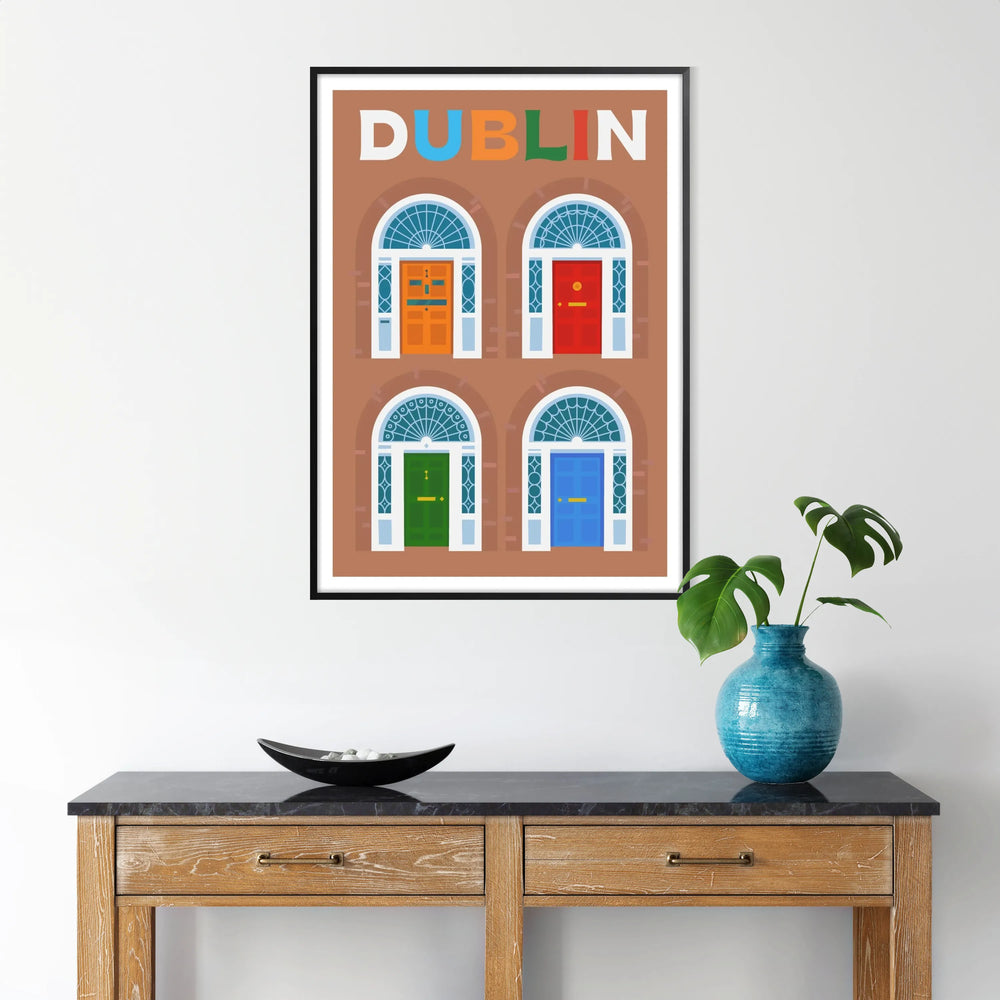 A colorful illustration of Dublin's skyline with green and blue tones