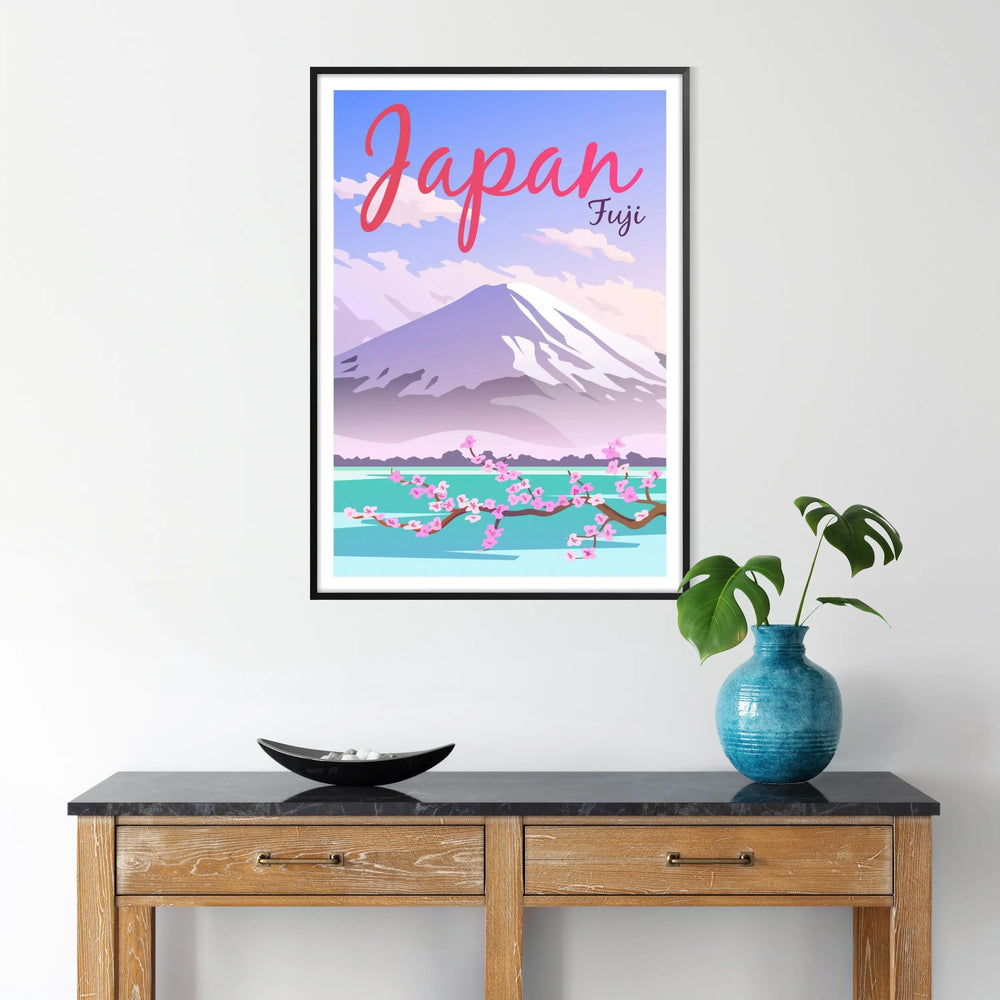 Mount Fuji in shades of red and gray against a cloudy sky
