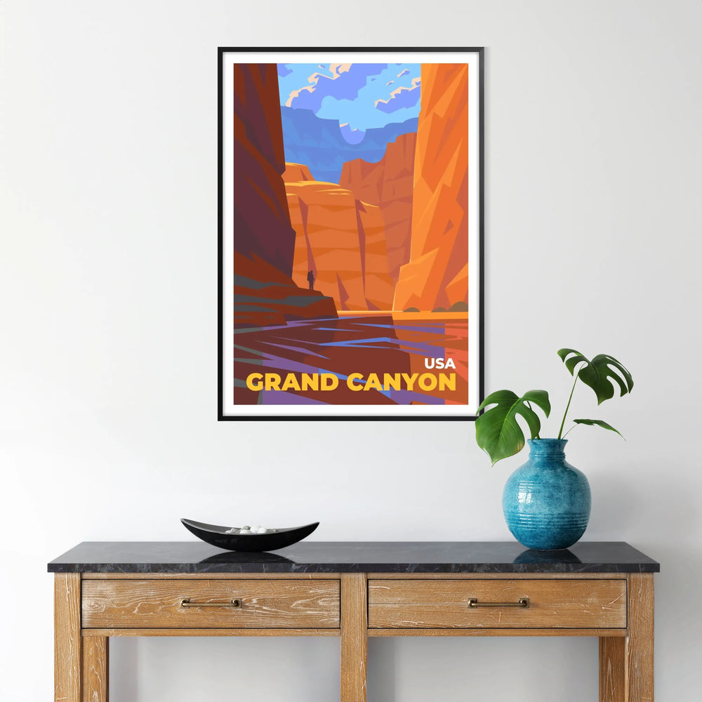 Aerial view of the Grand Canyon with rich browns and blues