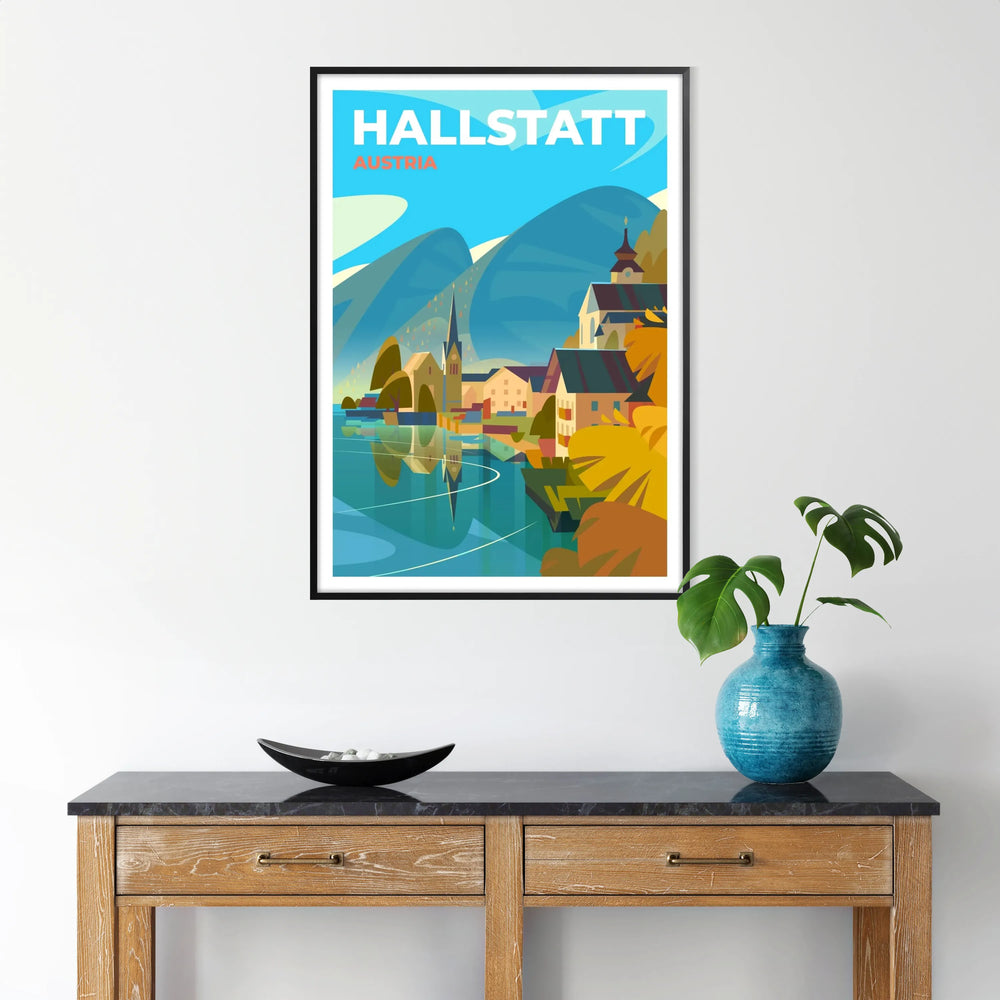 A serene depiction of Hallstatt, Austria with green and blue hues