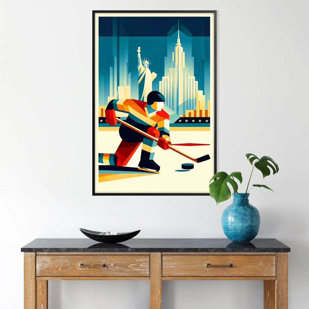 Dynamic hockey player in action against a bold red and orange background