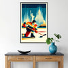 Dynamic hockey player in action against a bold red and orange background - in a black frame