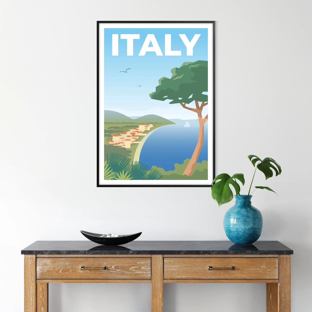 Stylized illustration of Italy with gray and blue hues - in a black frame