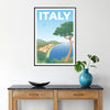 Stylized illustration of Italy with gray and blue hues - in a black frame