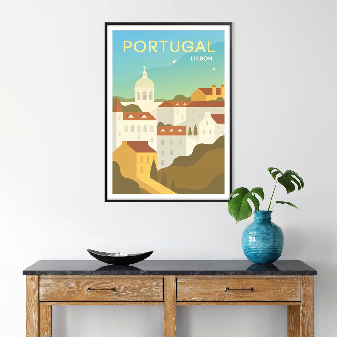 A vintage-style travel poster featuring Lisbon's skyline in shades of gray and blue - in a black frame
