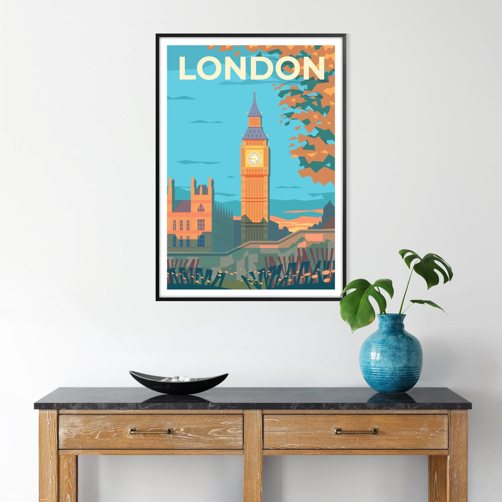 Stylized illustration of London skyline with iconic landmarks in muted brown and gray tones