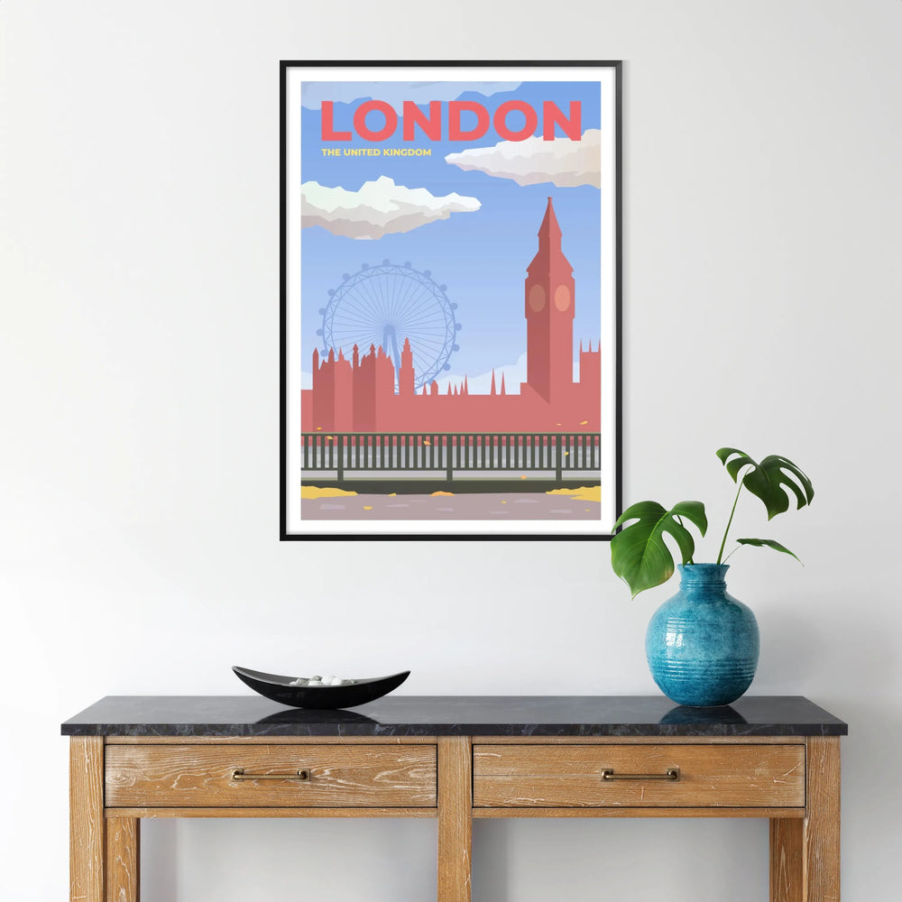 Stylized illustration of London with red and gray tones