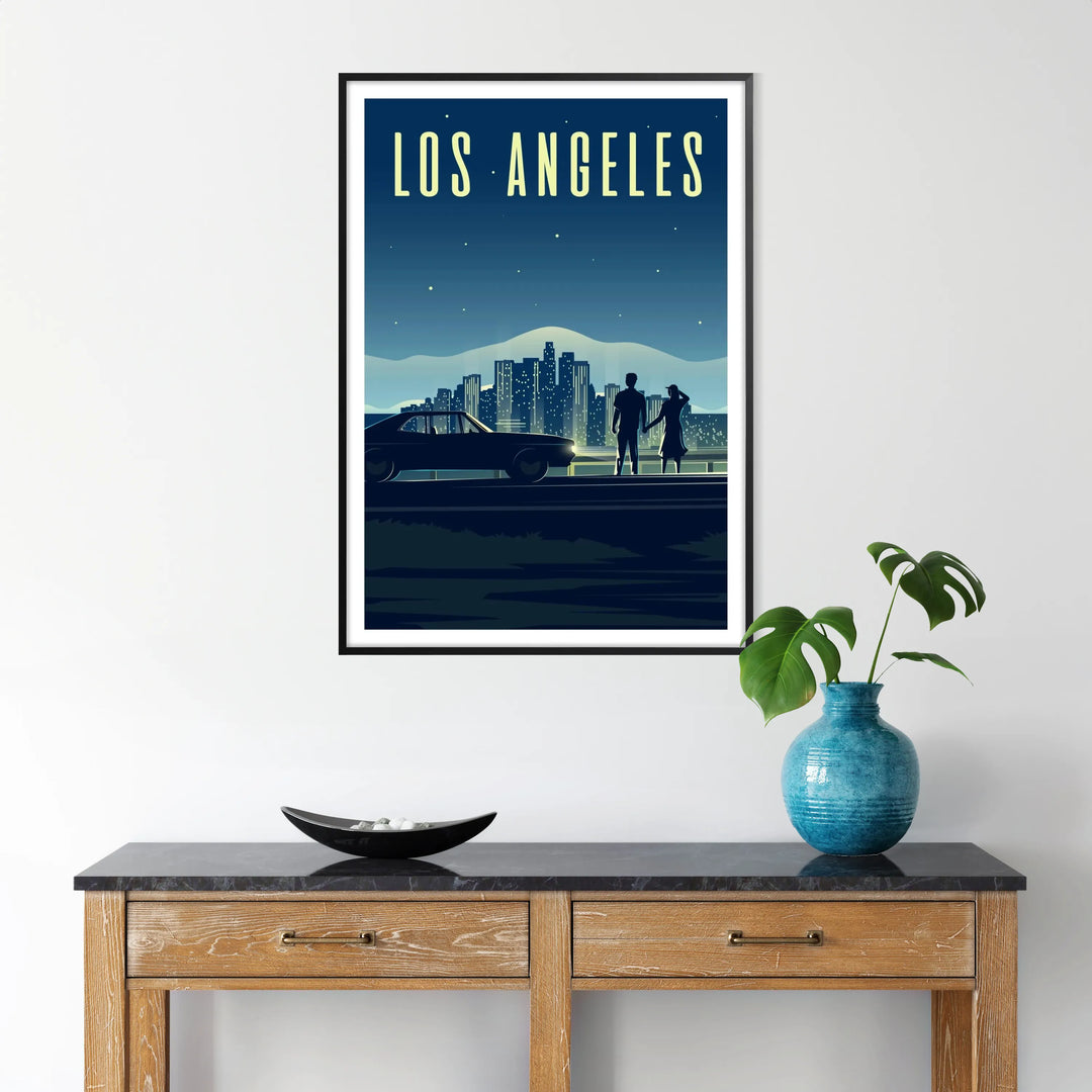 A colorful illustration of the Los Angeles skyline with palm trees - in a black frame
