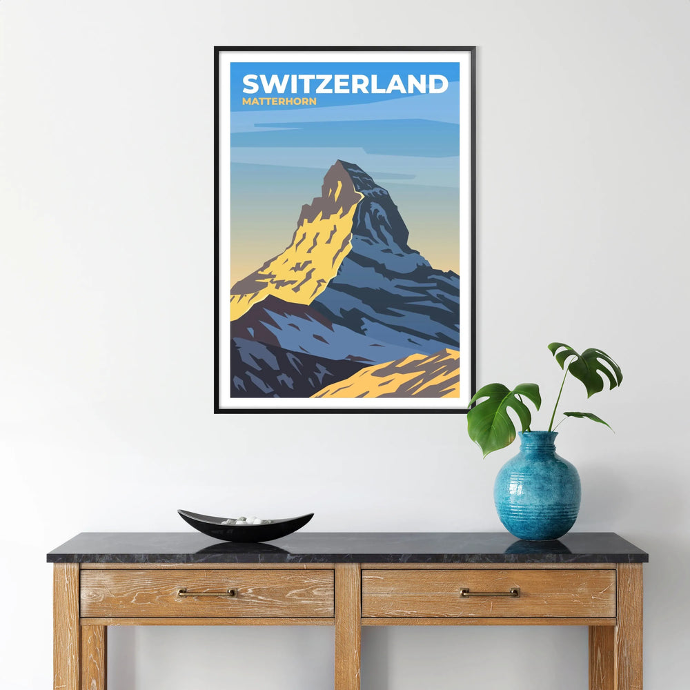 Matterhorn mountain in the Swiss Alps, earthy browns and greens