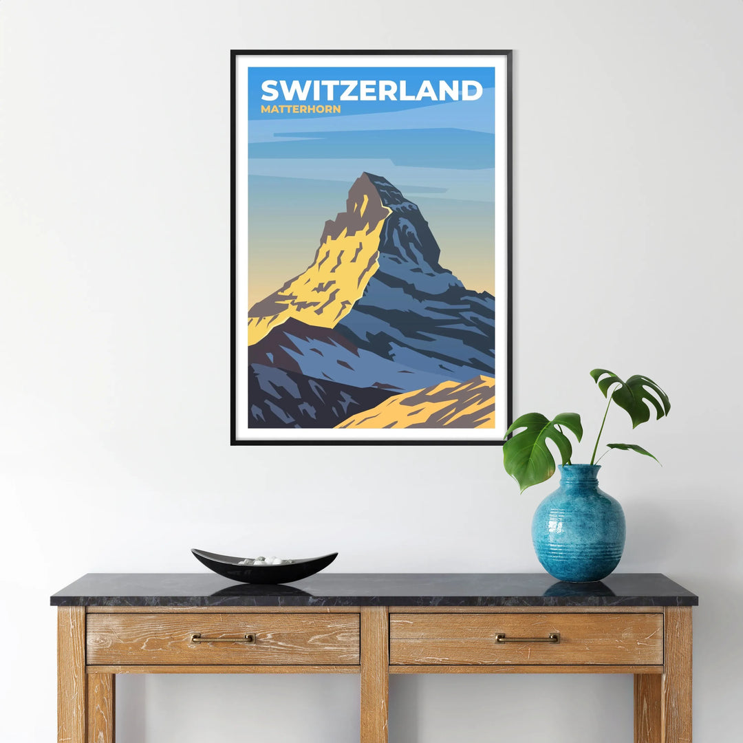 Matterhorn mountain in the Swiss Alps, earthy browns and greens - in a black frame