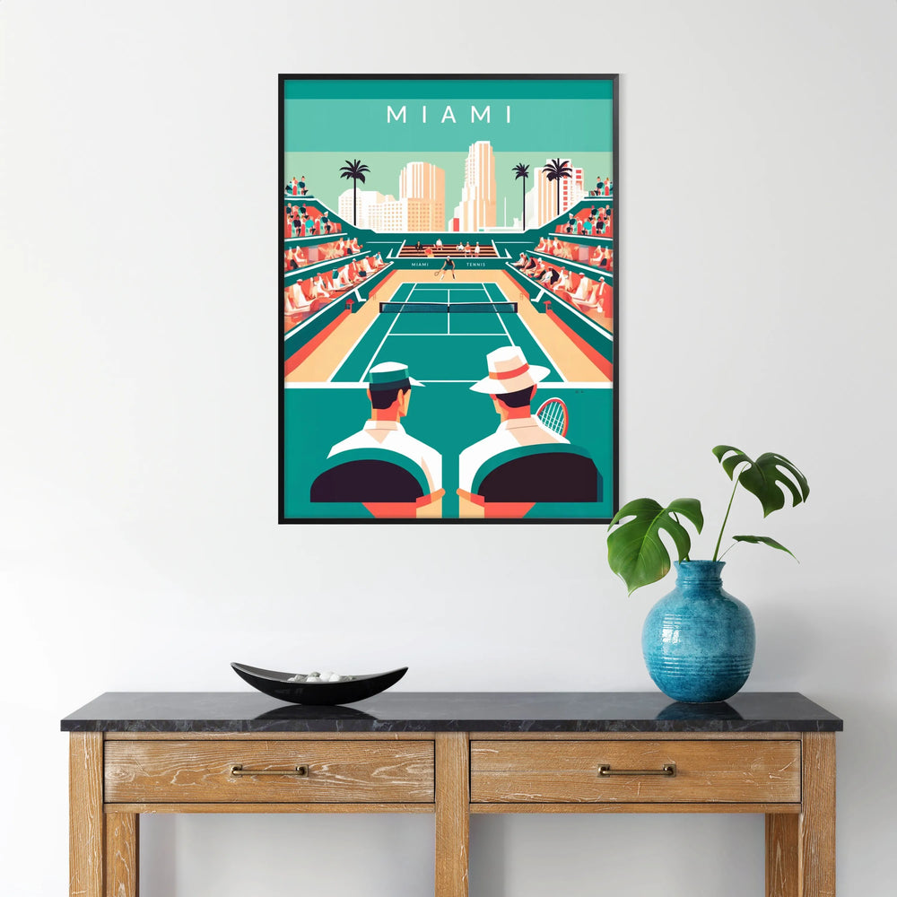 Art Deco style poster featuring a tennis player in Miami