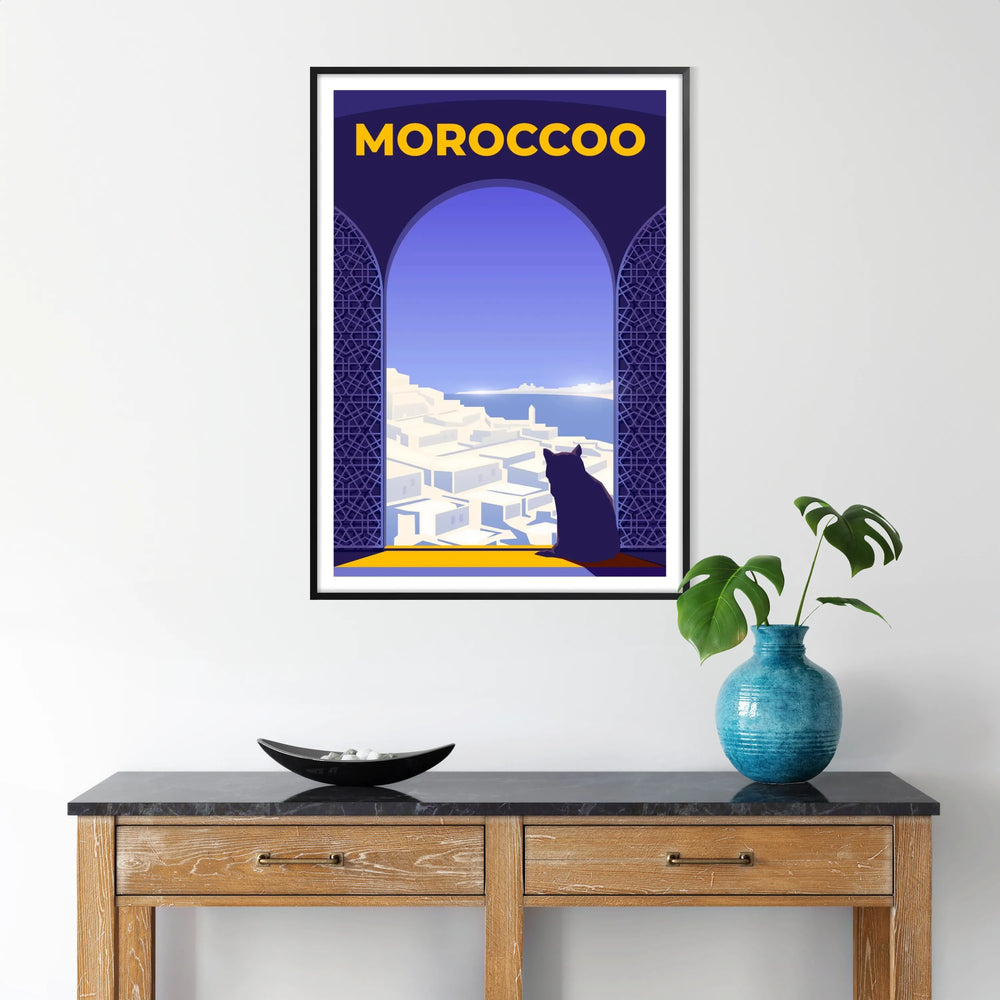 Colorful Moroccan landscape featuring traditional architecture and vibrant blue and orange hues