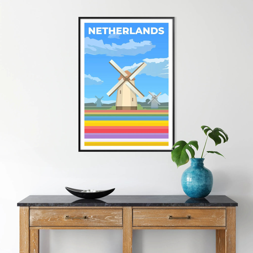 Stylized illustration of Dutch landscapes in gray and blue tones