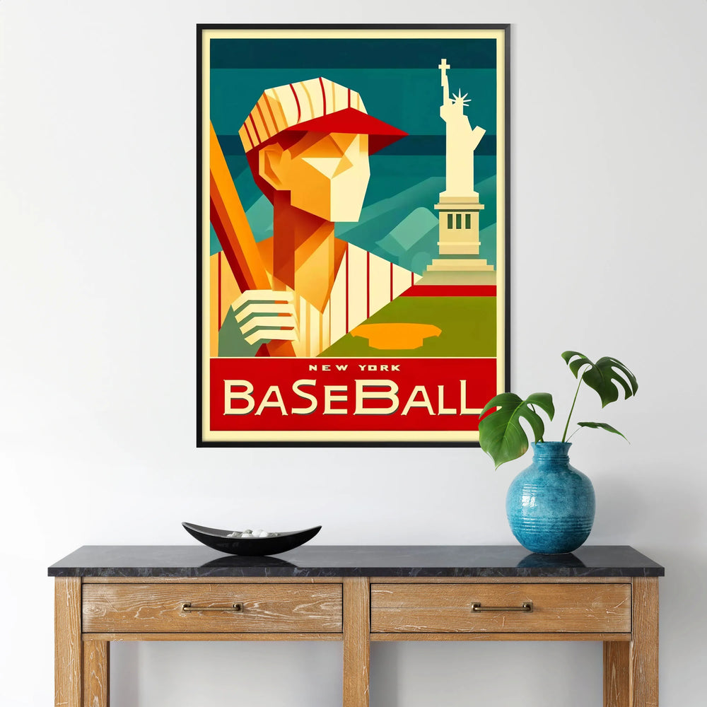 Vintage art deco poster featuring a baseball player in New York